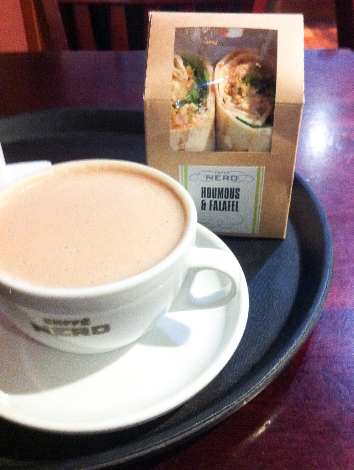 Caffe Nero vegan hot chocolate and wrap