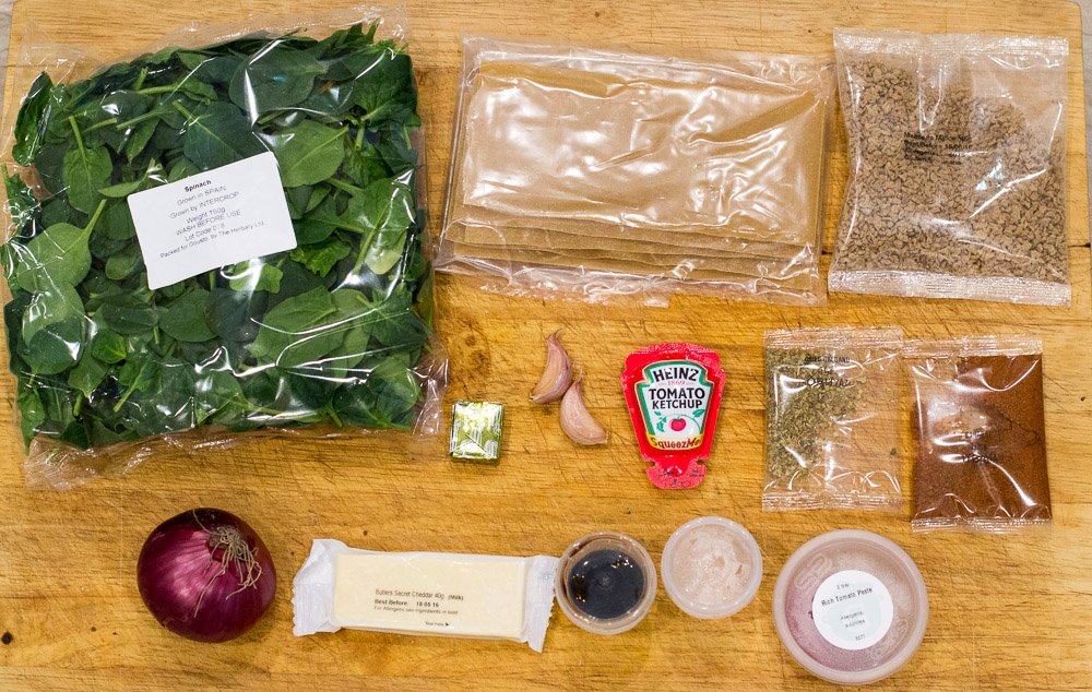 Ingredients for the spinach and veggie mince lasagne in the Gousto recipe box