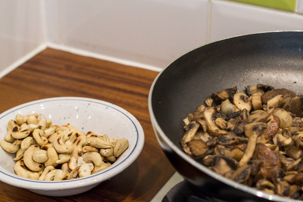 toasted cashews and fried mushrooms
