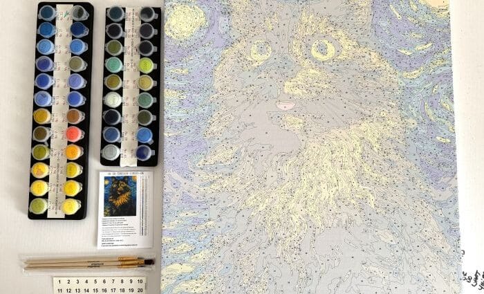 Paint by numbers kit including oil paints, brushes and a stretched canvas with an outline of a cat in the style of Van Gogh's Starry Starry Night